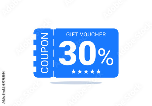 30% discount coupon, coupon code. Coupon isolated on white background. Voucher template for promotion. Vector illustration.
