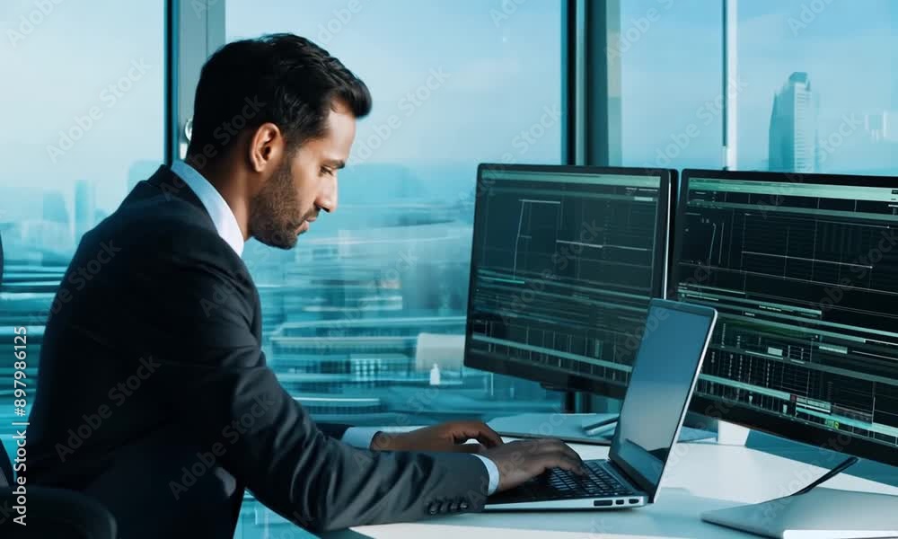 An accomplished entrepreneur is situated in a state-of-the-art office, engrossed in his work on a laptop An accomplished entrepreneur is situated in a state-of-the-art office, engrossed in his work on a laptop