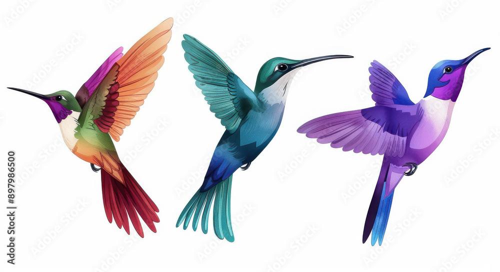 Obraz premium A vibrant collection of tropical birds showcases Jacamar, toucan, hummingbird, and hornbill in a stunning watercolor style.