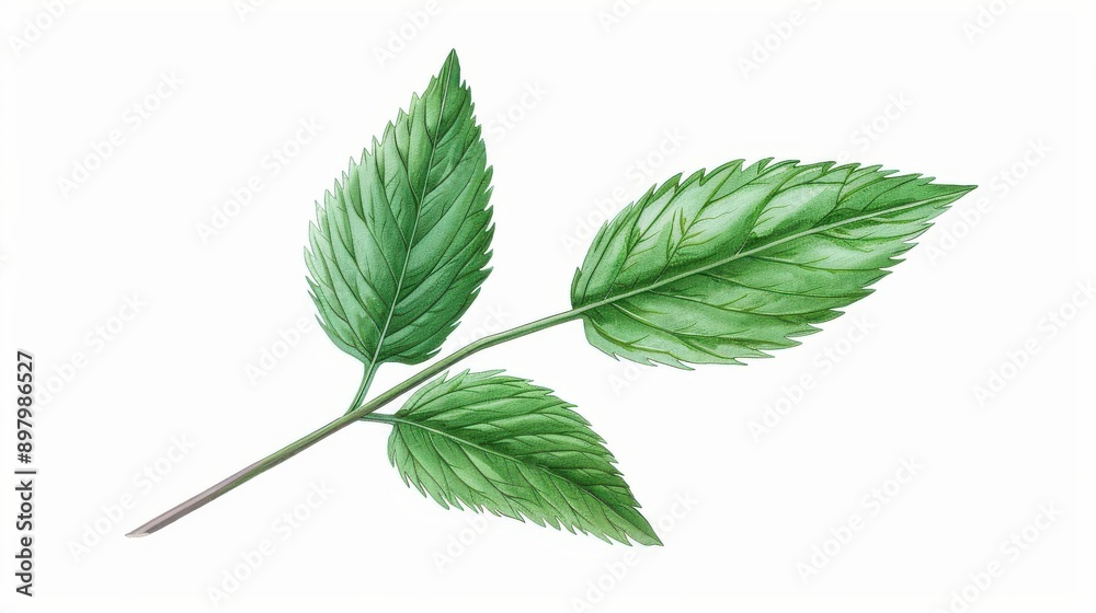 Obraz premium A lush green plant illustration, showcasing vibrant leaves and intricate details in soft watercolor hues against a white backdrop.
