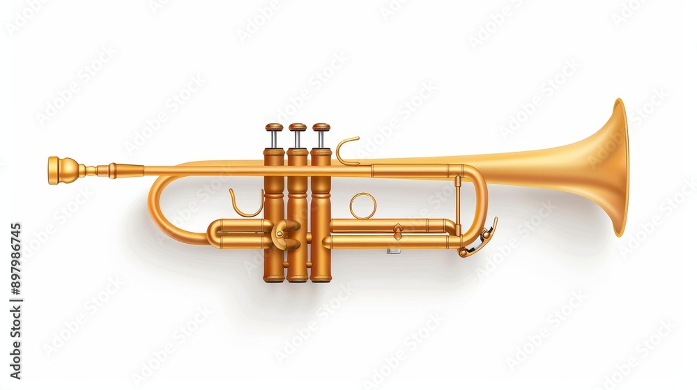 Obraz premium Shiny gold trumpet stands alone on a pure white backdrop, showcasing its elegance and craftsmanship through vivid detail.