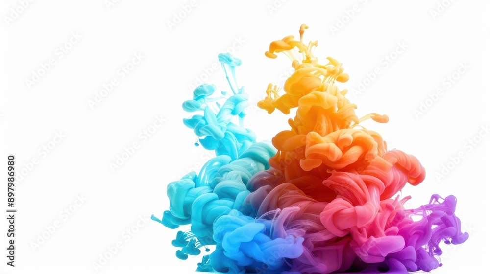 Obraz premium Vibrant ink clouds swirl in a white backdrop, creating dynamic color splashes like a mesmerizing underwater explosion.