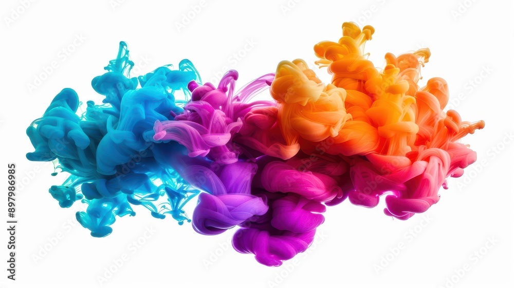 Vibrant ink clouds swirl in a white backdrop, creating dynamic color splashes like a mesmerizing underwater explosion. Vibrant ink clouds swirl in a white backdrop, creating dynamic color splashes like a mesmerizing underwater explosion.