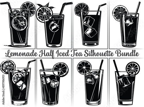 Lemonade silhouette bundle. Lemon juice clipart illustration featuring silhouettes of citrus fruits, including orange, lime, and lemon, as well as summer drinks like lemonade. Perfect drinks for refre