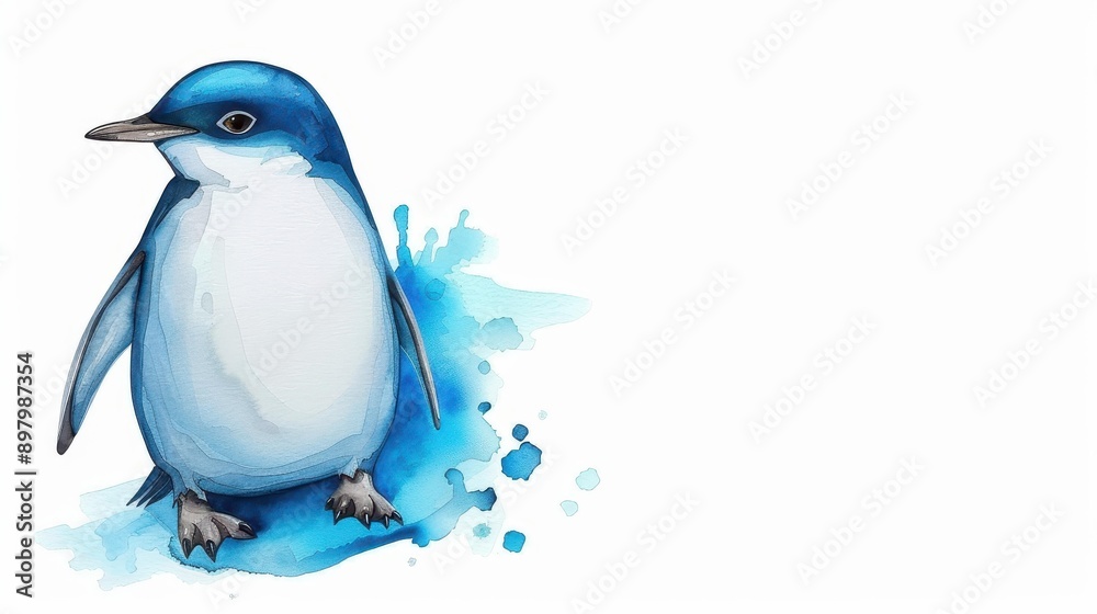 Obraz premium Delight in the charm of a handdrawn watercolor blue penguin, perfect for art lovers and wildlife enthusiasts alike.