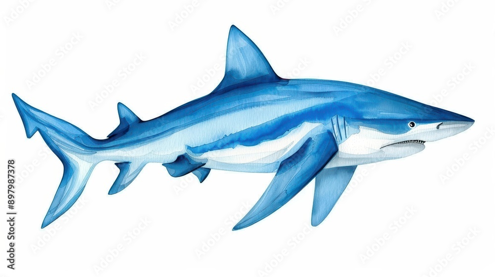 Vivid handdrawn blacktip reef shark, showcasing its grace in watercolor against a clean white backdrop, perfect for marine art lovers. Vivid handdrawn blacktip reef shark, showcasing its grace in watercolor against a clean white backdrop, perfect for marine art lovers.
