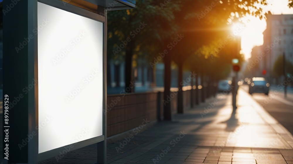 Blank Bus Shelter Billboard: Empty White Lightbox Sign at City Transit Station Blank Bus Shelter Billboard: Empty White Lightbox Sign at City Transit Station