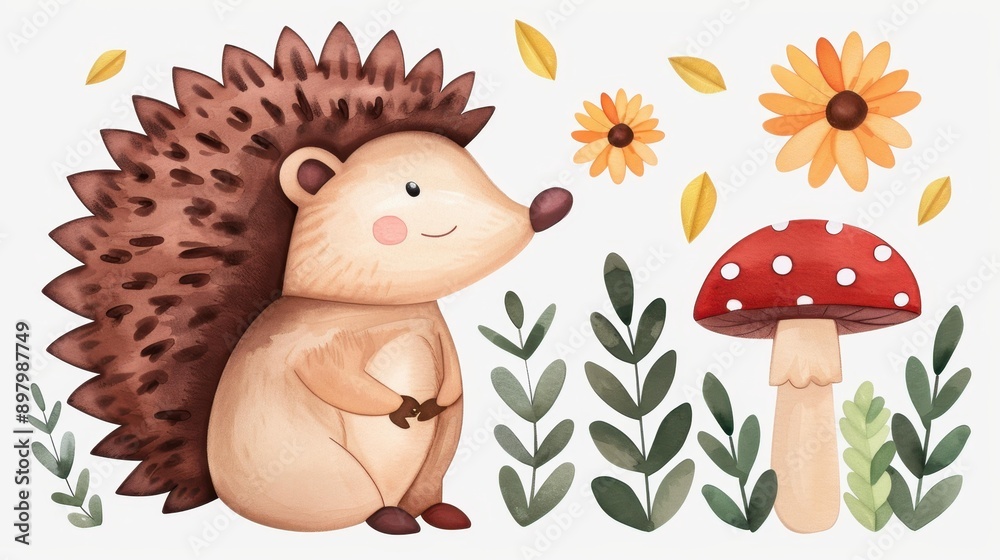 Obraz premium A charming watercolor hedgehog nestled among autumn leaves and a whimsical mushroom in a vibrant forest scene.