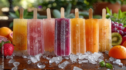 Colorful assorted popsicles with ice and fruit - generative ai photo