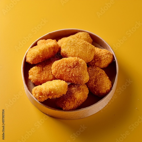 Spicy fried crispy chicken nuggets on yellow background