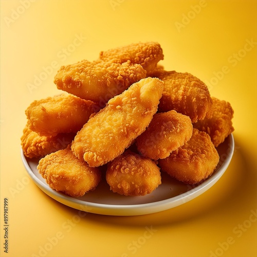 Spicy fried crispy chicken nuggets on yellow background