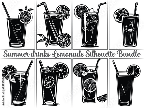 Lemonade silhouette bundle. Lemon juice clipart illustration featuring silhouettes of citrus fruits, including orange, lime, and lemon, as well as summer drinks like lemonade. Perfect drinks for refre