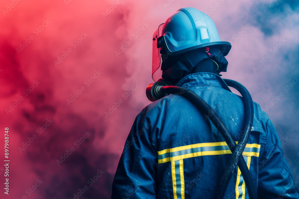 Obraz premium A firefighter in full gear stands against a backdrop of smoke, facing away from the camera.