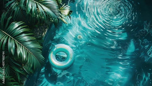 Top view of an inflatable ring floating in a tropical summer pool with palm leaves and blue water background. Cinematic effect highlighting vibrant colors and textures of swimming pool 