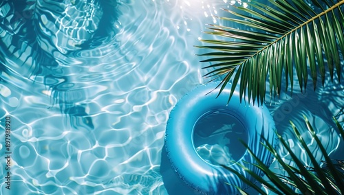 Top view of an inflatable ring floating in a tropical summer pool with palm leaves and blue water background. Cinematic effect highlighting vibrant colors and textures of swimming pool 