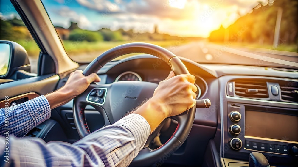 Obraz premium person driving a car focusing on the driver’s hands holding the steering wheel