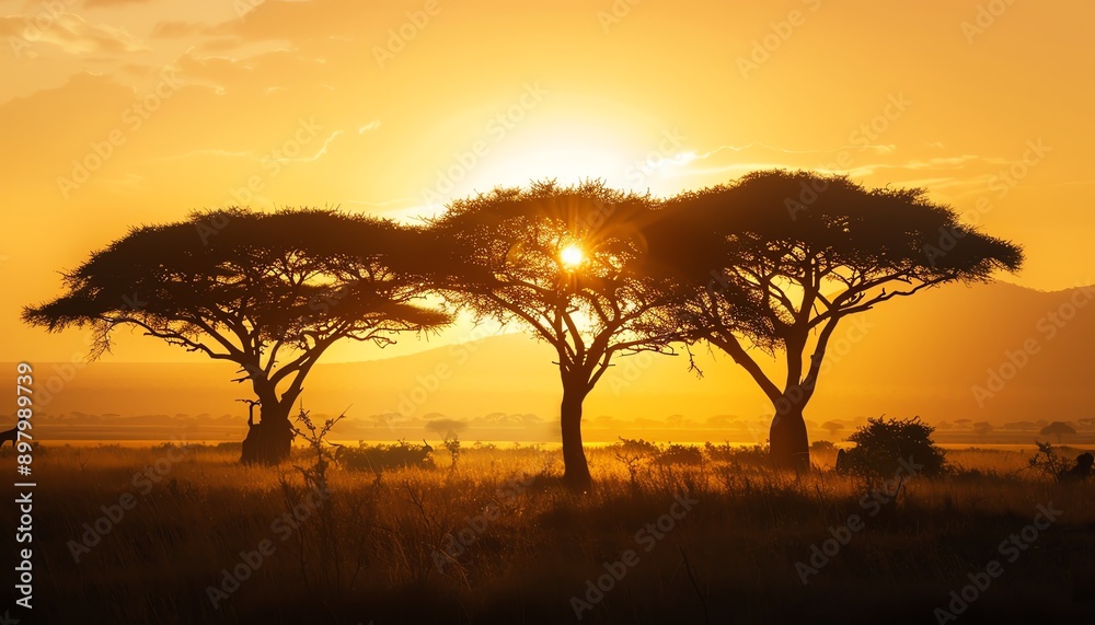 African savanna at sunset, silhouetted acacia trees, golden light, and expansive landscape, creating a serene atmosphere African savanna at sunset, silhouetted acacia trees, golden light, and expansive landscape, creating a serene atmosphere