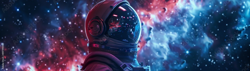 Naklejka premium Astronaut looking up in a starry space background