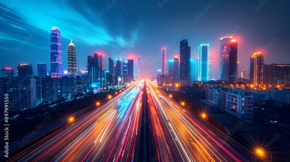 Fototapeta premium Night cityscape with light trails - generative ai