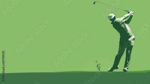 Illustrate a golfer mid-swing, with a solid green background to represent the course. Focus on the golfer's form and the elegance of the swing