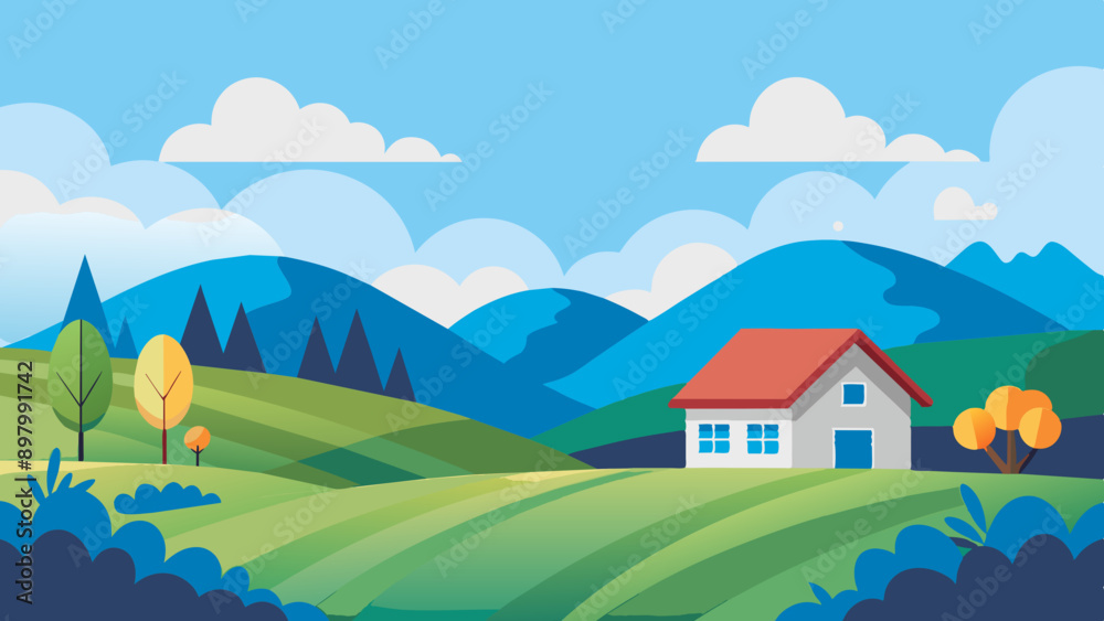 Landscape Illustration Art: Seasonal Hills and Grass Field with Farm Background Landscape Illustration Art: Seasonal Hills and Grass Field with Farm Background