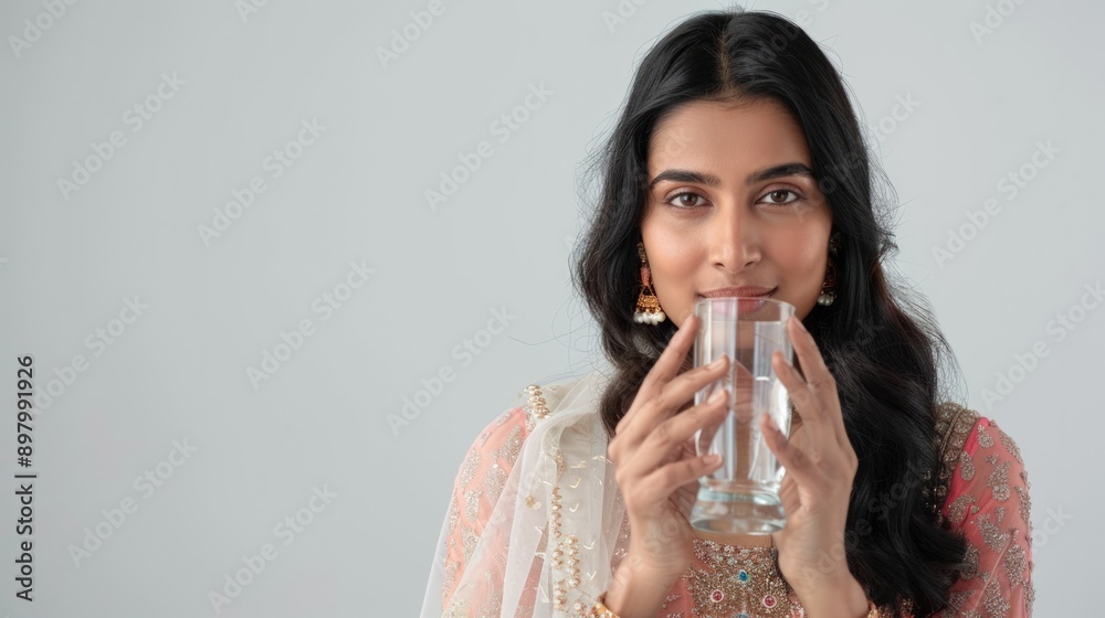 Beautiful young Indian woman drinking a fresh glass of water wearing traditional dress and looking at camera Beautiful young Indian woman drinking a fresh glass of water wearing traditional dress and looking at camera
