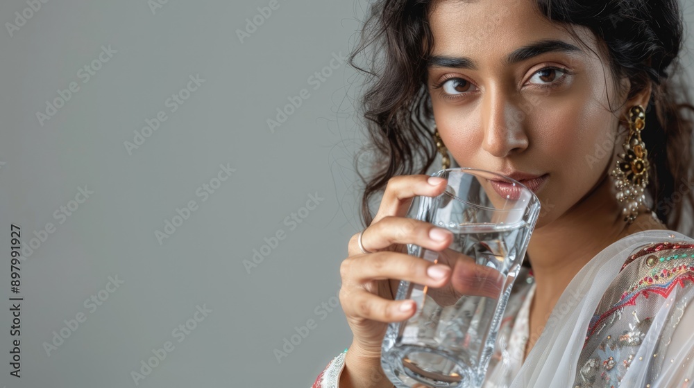Beautiful young Indian woman drinking a fresh glass of water wearing traditional dress and looking at camera Beautiful young Indian woman drinking a fresh glass of water wearing traditional dress and looking at camera