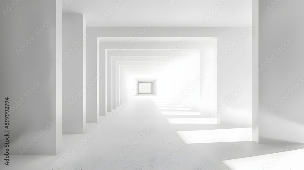 Fototapeta premium An infinite white corridor with repetitive rectangular frames, bright sunlight casting sharp shadows, and a vanishing point creating an illusion of endless depth.