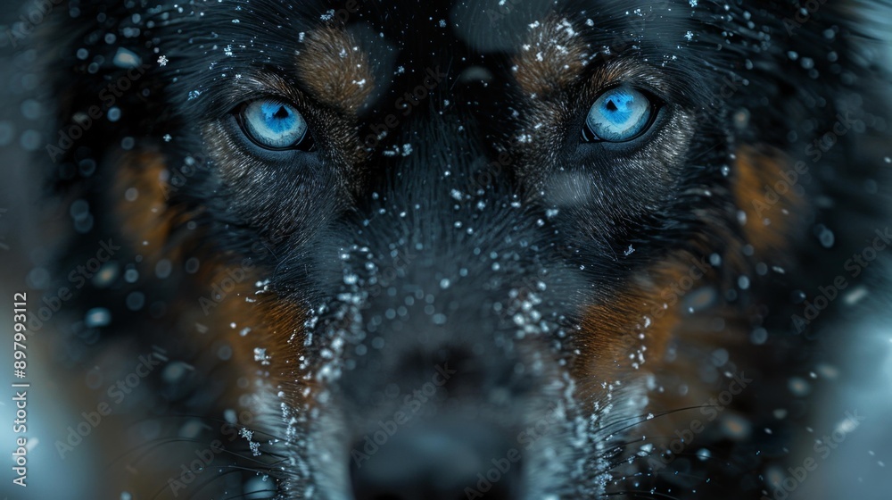 Close-up of a dog's face with blue eyes in the snow - generative ai Close-up of a dog's face with blue eyes in the snow - generative ai