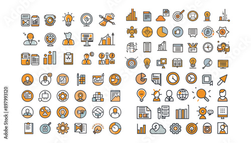 Sales management editable stroke outline icons set. With Concepts like Profit,Losses, Stock,Exchange,Funds,
 Containing business, discipline, focused, technique, employer, important, product icon
