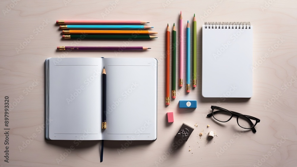 Assorted Pencils and Open Notebook with Glasses and Erasers on White Background, Suitable for Education, Writing, and Creative Projects Assorted Pencils and Open Notebook with Glasses and Erasers on White Background, Suitable for Education, Writing, and Creative Projects