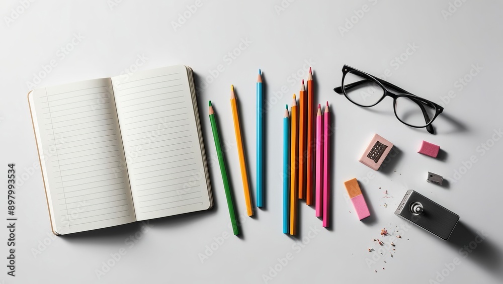 Open Notebook with Pencils and Erasers on White Background, Ideal for Writing, Drawing, and Educational Purposes Open Notebook with Pencils and Erasers on White Background, Ideal for Writing, Drawing, and Educational Purposes