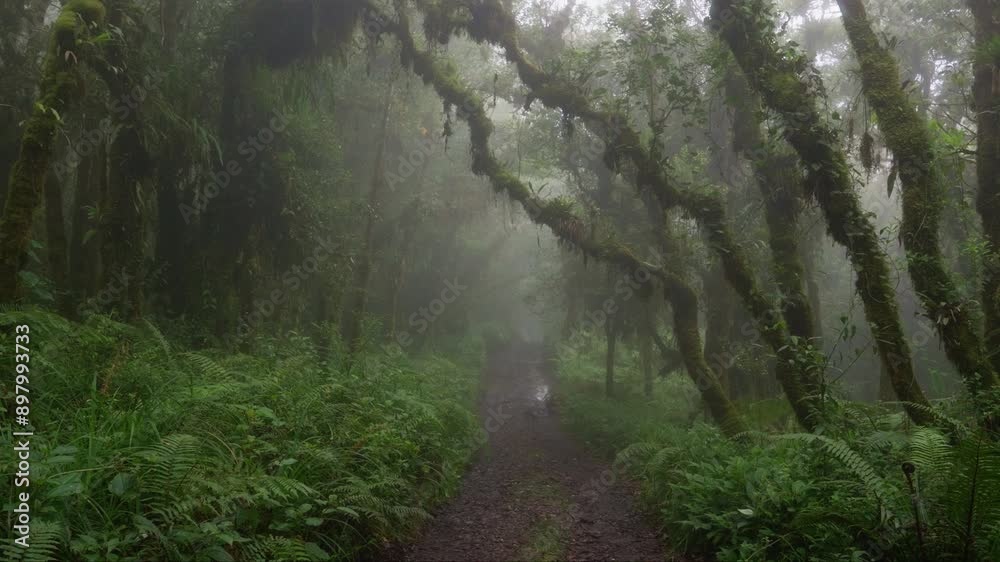 Sendero rodeado de helechos y arboles llenos de musgo y vegetación en un dia nublado con lluvia en el bosque tropical nuboso en las montañas de Costa Rica