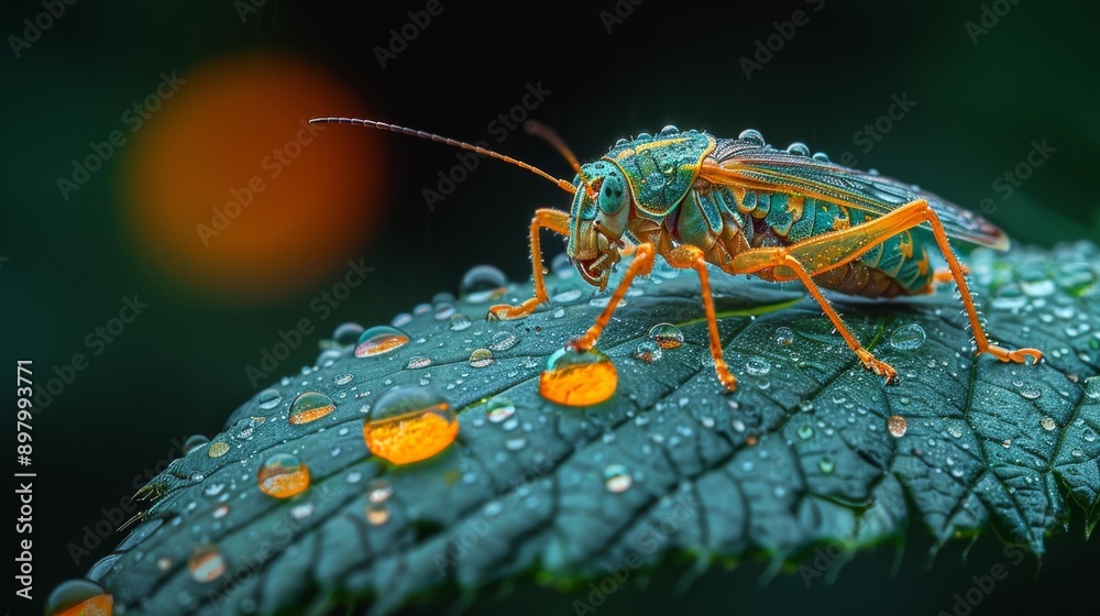 Fototapeta premium Macro shot of a vibrant insect on leaf with water droplets - generative ai