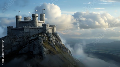 a medieval castle on a hilltop, banners flying in the wind