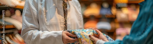 Closeup of a salesperson showing a fabric sample to a customer, personalized service in a boutique