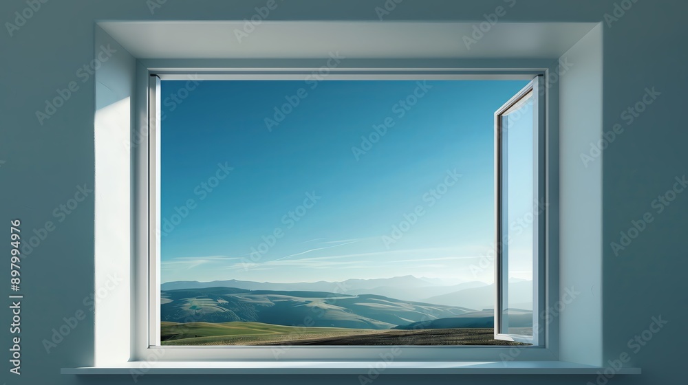 Fototapeta premium Open window showing green mountains, bright blue sky, detailed landscape, realistic style, serene