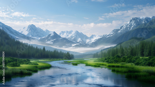 Winding River Through Lush Forest Leading to Distant Snow-Capped Mountains Under Clear Blue Sky