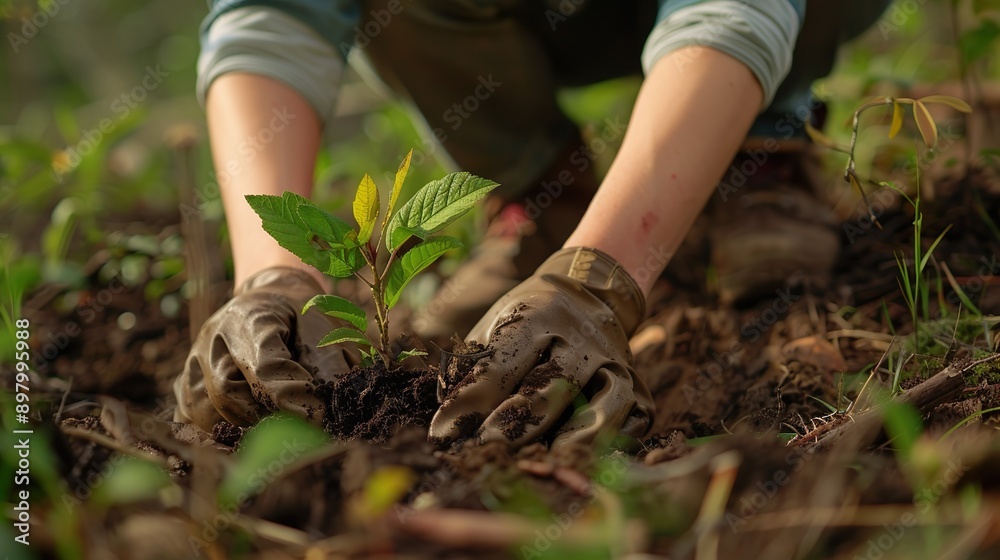 The person planting a tree hands closeup, reforestation concept The person planting a tree hands closeup, reforestation concept