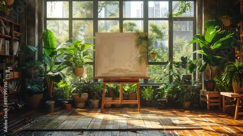 Bright artist studio with green plants and sunlight - generative ai photo