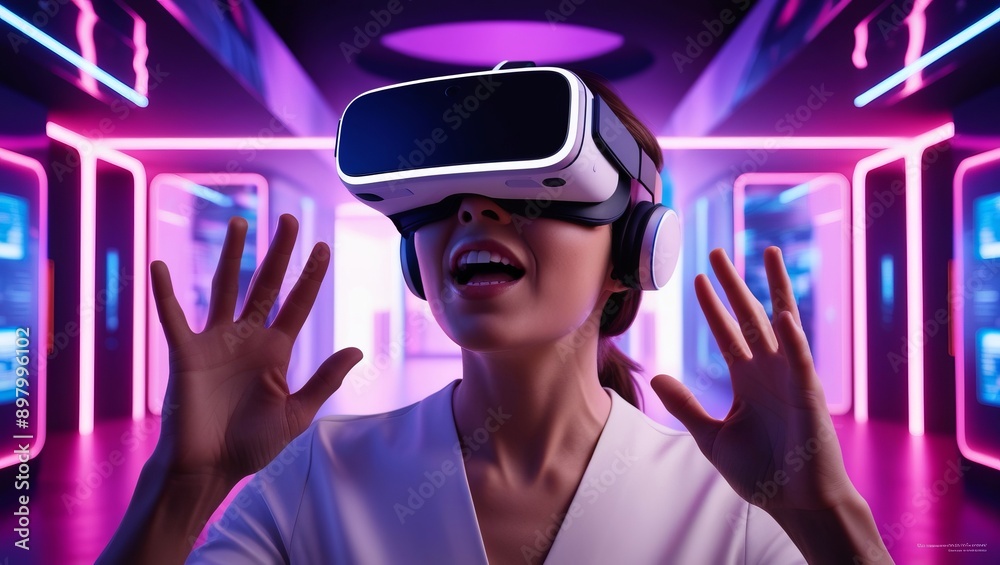 Excited Woman Using Virtual Reality Headset in Futuristic Setting Excited Woman Using Virtual Reality Headset in Futuristic Setting