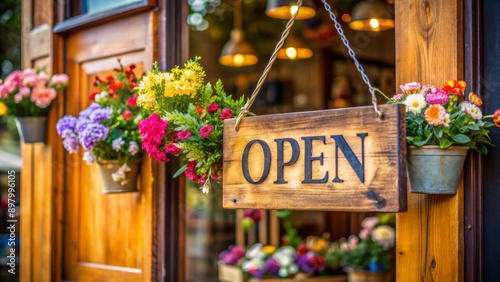 Fototapeta Naklejka Na Ścianę i Meble -  Vibrant open sign hangs from a charming storefront, adorned with flowers and rustic wooden decorations, radiating warmth and inviting customers to enter.