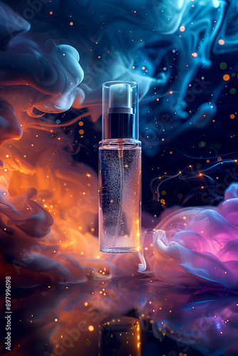 Flacon en verre en spray, bouteille pour produit cosmétique de type sérum, shampooing, soin du visage ou du corps dans la nuit avec des couleurs néon, pour publicité et composition graphique photo