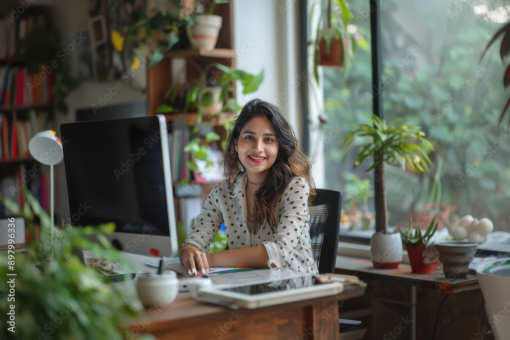 Young Indian businesswoman have digital virtual online conference with employees on computer