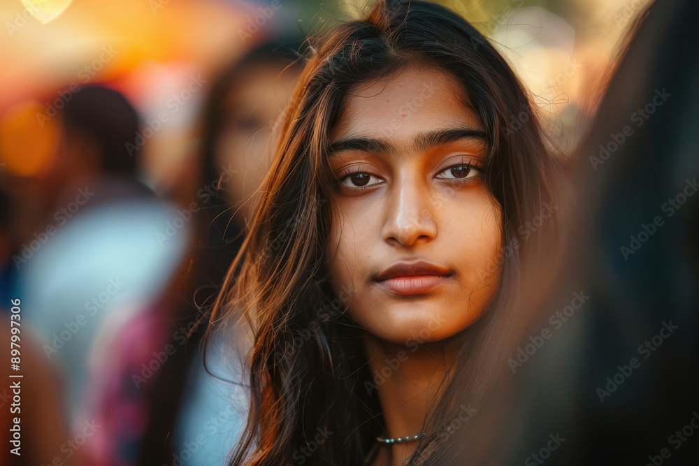 Young Indian woman looking at the camera, standing out from the crowd Young Indian woman looking at the camera, standing out from the crowd