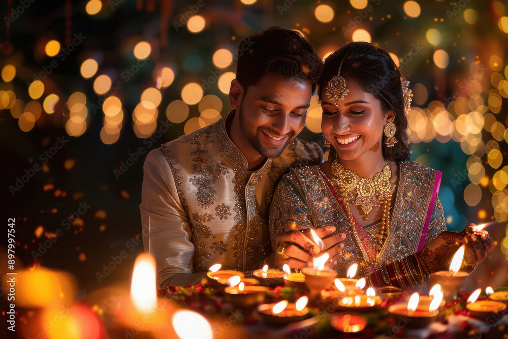 young indian couple on diwali festival young indian couple on diwali festival