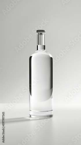 Minimalist clear glass bottle against a plain light background with soft shadows.