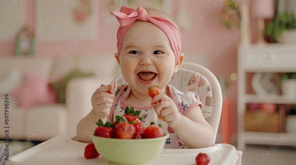 A baby is sitting in a high chair eating strawberries A baby is sitting in a high chair eating strawberries