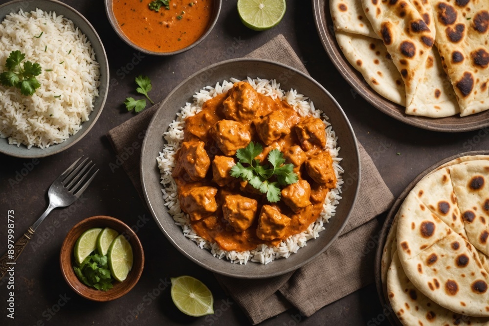Homemade Indian Butter Chicken with Rice and Naan Bread Homemade Indian Butter Chicken with Rice and Naan Bread