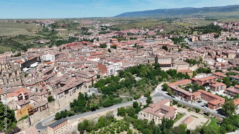 Old city of Segovia Spain drone,aerial turning pan Old city of Segovia Spain drone,aerial turning pan